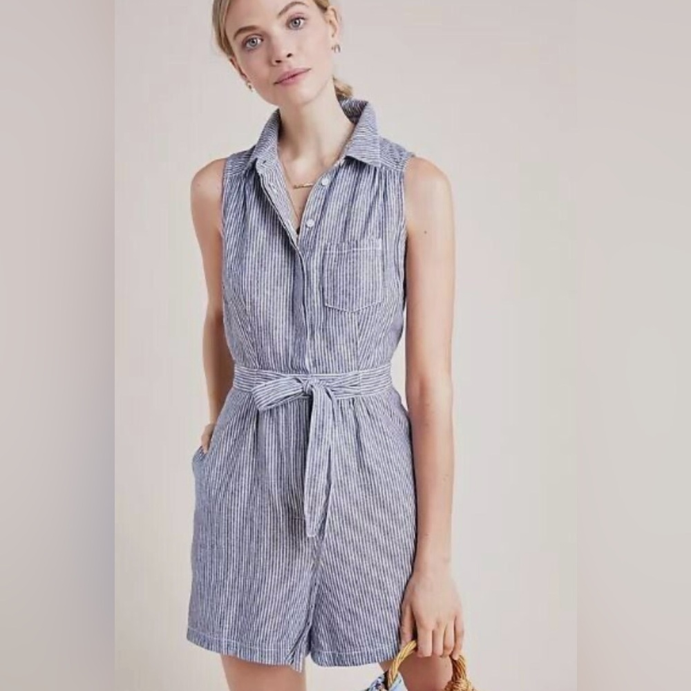 Anthropologie  Striped Collared Linen Romper / Size 14
